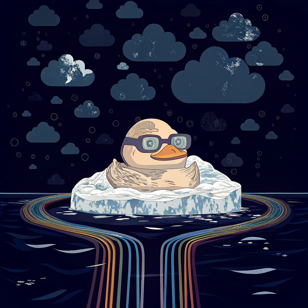 A rubber duck in safety goggles riding an iceberg through a data lake, with cloud-shaped Cloudflare logos overhead and colorful pipeline tubes transforming chaotic pixel streams into organized ice cubes. Cartoon style, tech humor