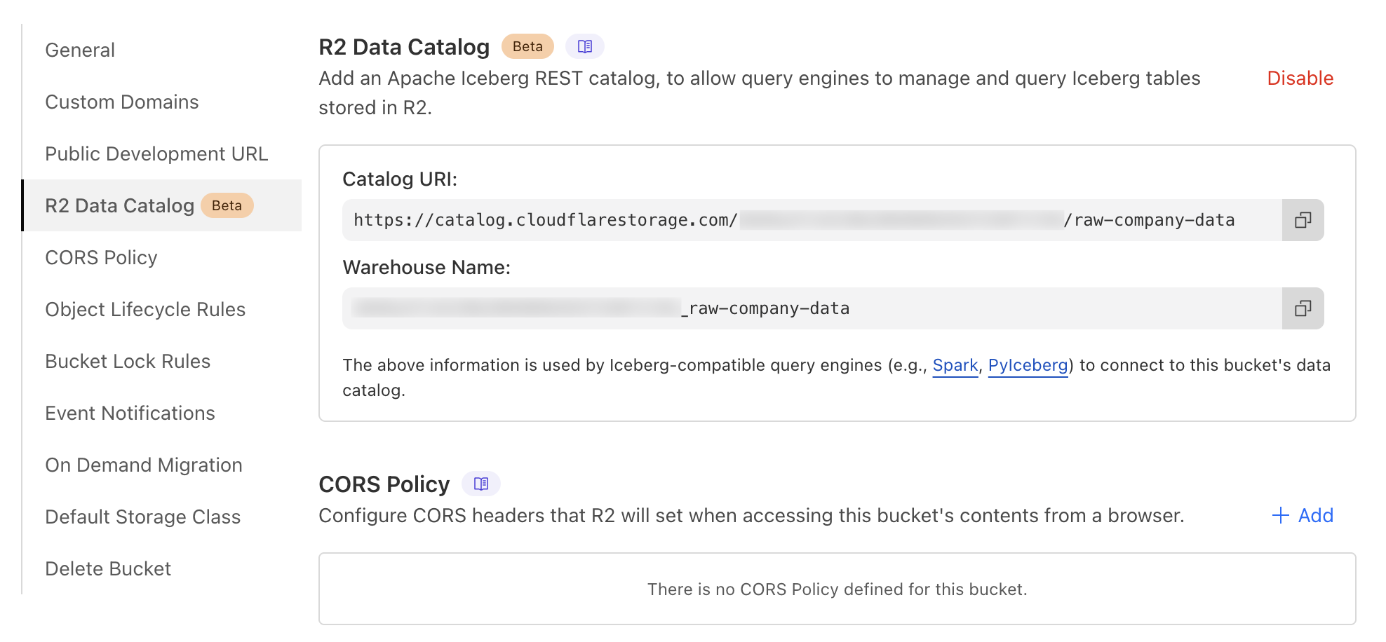 R2 Data Catalog configuration interface showing where to enable R2 and get the catalog URI and warehouse name